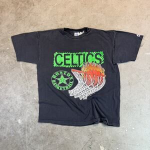 VTG Single Stitch Boston Celtics LOGO 7 shirt 90s RARE Design NBA Basketball XL
